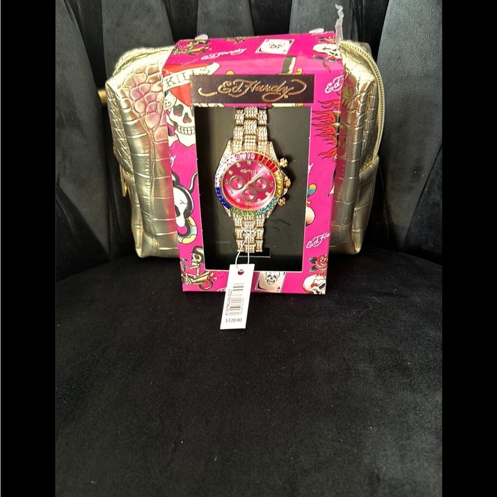 Ed Hardy Gold and Pink Watch with Pouch